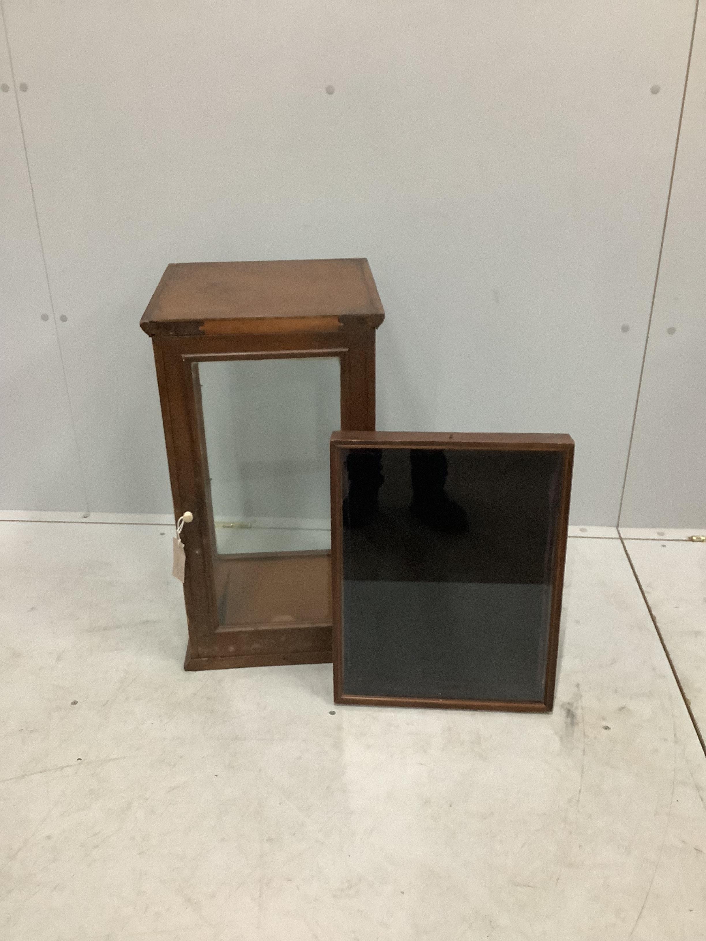 A late Victorian mahogany table top shop display cabinet, width 35cm, depth 34cm, height 63cm together with a tray display case